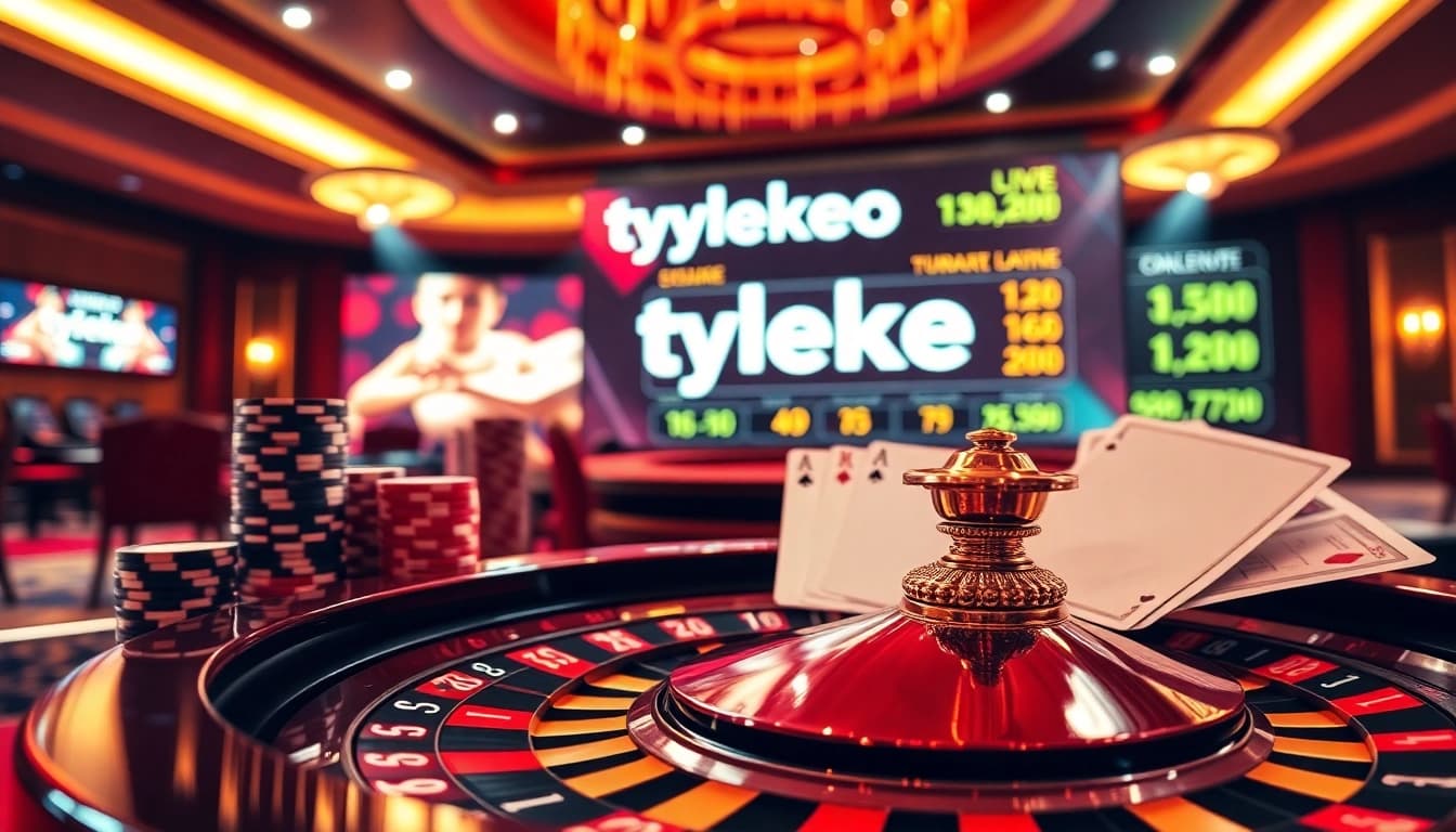 Tylekeo showcases a vibrant casino scene with roulette, poker chips, and live betting interface.
