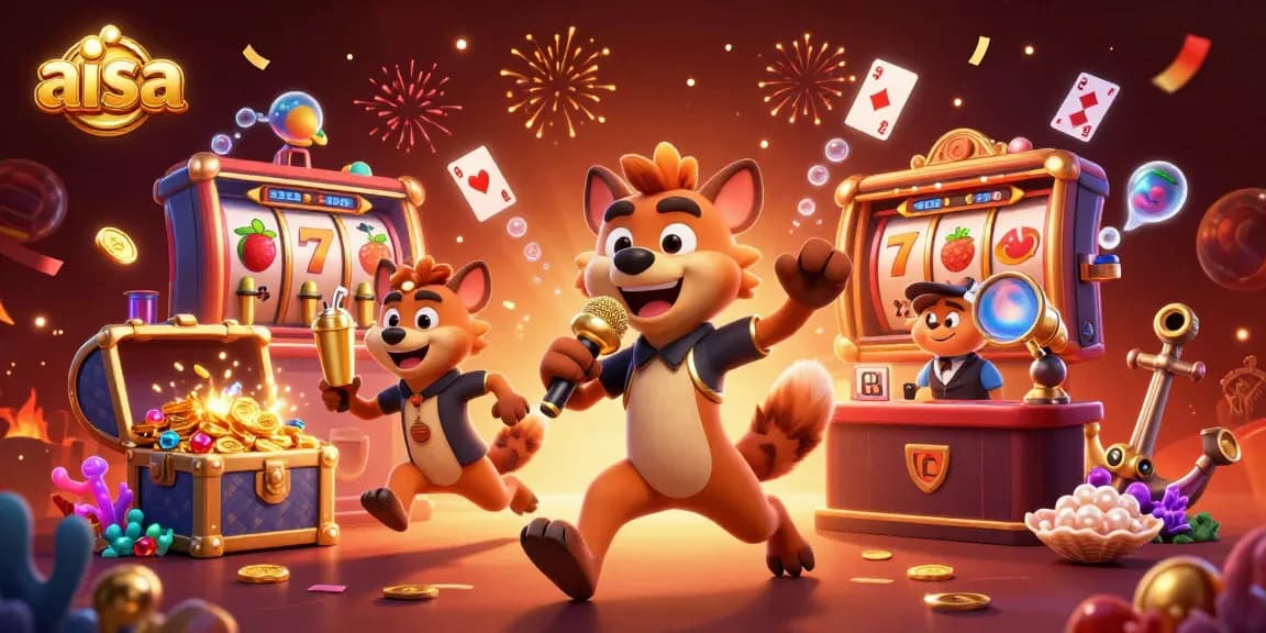 Experience aisa in a vibrant casino scene featuring hyenas, slot reels, and floating cards.
