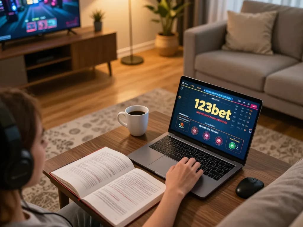 Engaging in online casino gaming on 123bet at home with coffee and strategy notes