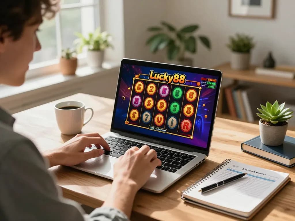 Player enjoying the Lucky88 slot game on a laptop, highlighting excitement and responsible gaming.
