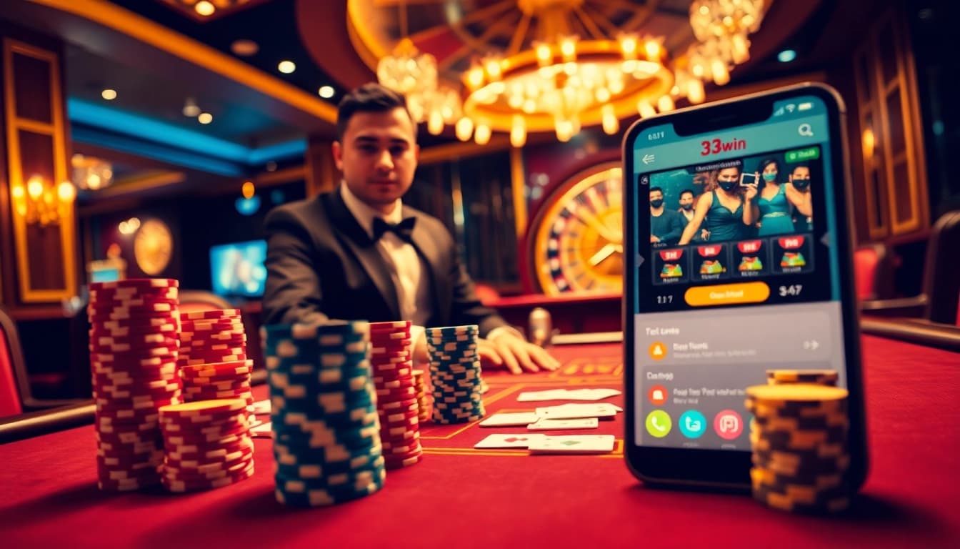 33win poker chips stacked high on a luxurious casino table with a roulette wheel in the background.