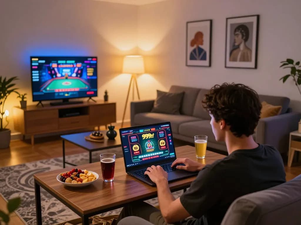Engaging online gaming experience on 999bet with cozy home setup and vibrant atmosphere