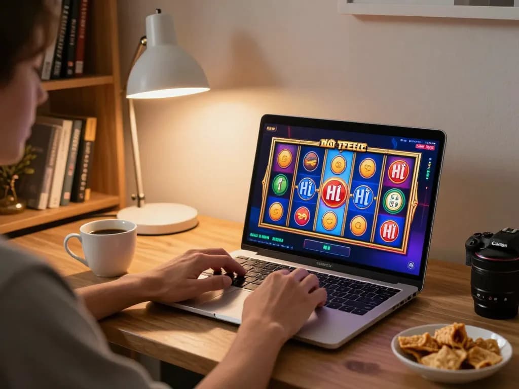 Engaging in nổ hũ slots online with a vibrant display on laptop, creating a cozy gaming atmosphere