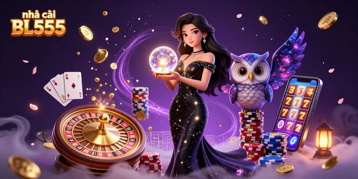 Experience the excitement of nhà cái BL555 with a mystical scene featuring a glowing crystal ball and vibrant casino elements.