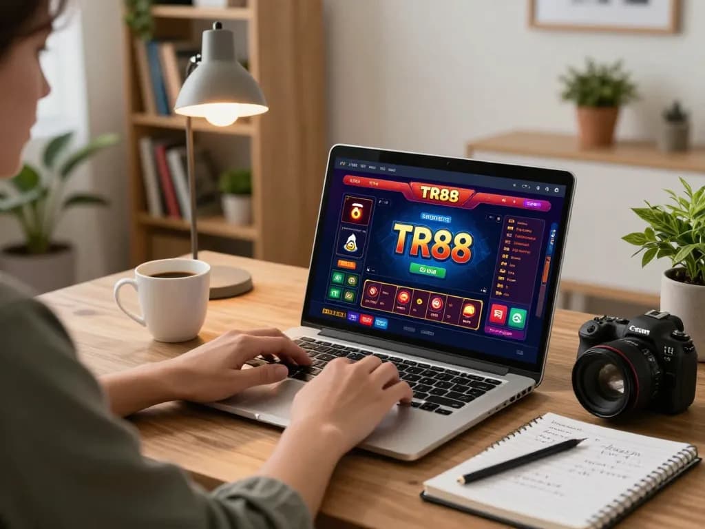 Player engaging with TR88 online casino on laptop, showcasing exciting gameplay and strategic planning.