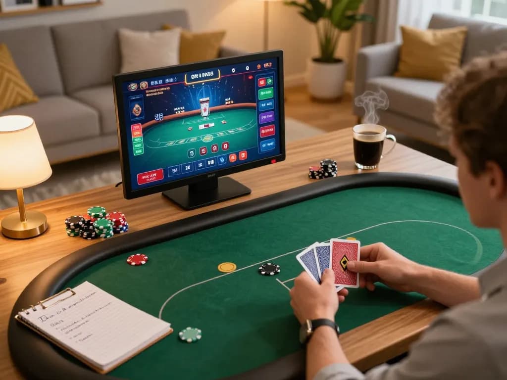 Engaging scene of online gambling at home, featuring nhacaiuytinn-themed poker game, players focusing on their screens and strategies.
