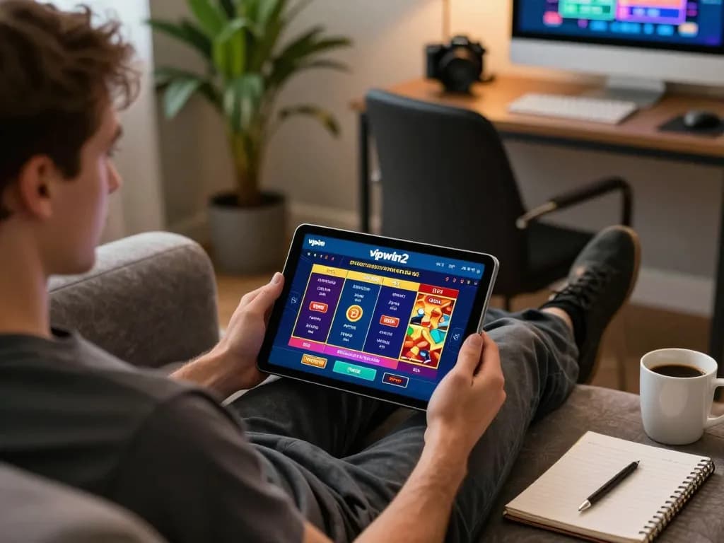 Player engaging with the vipwin2 casino app on tablet in a cozy home gaming setup