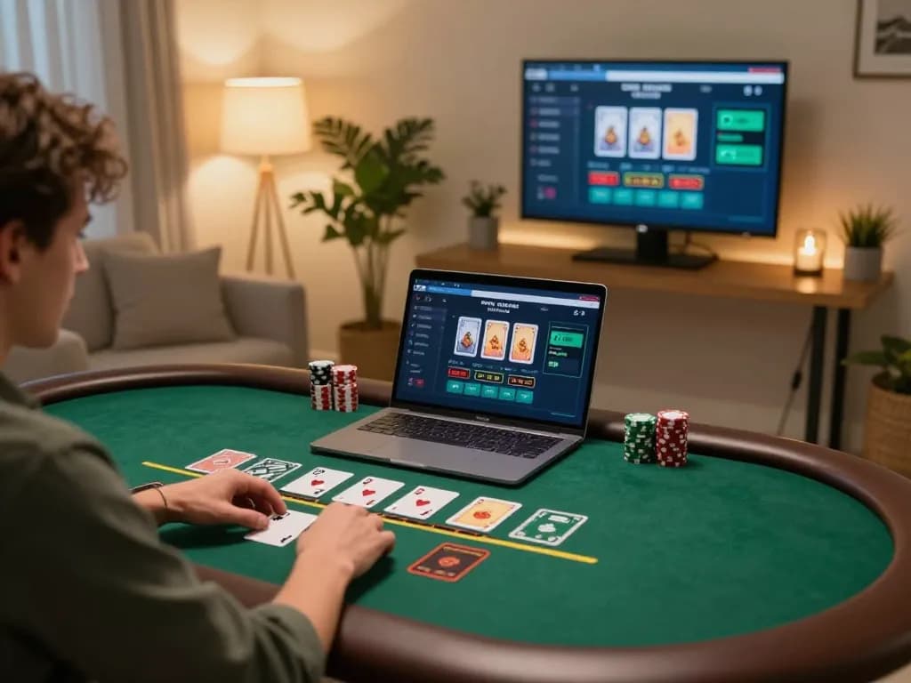 SC88 player enjoying blackjack on a laptop in a cozy home office.