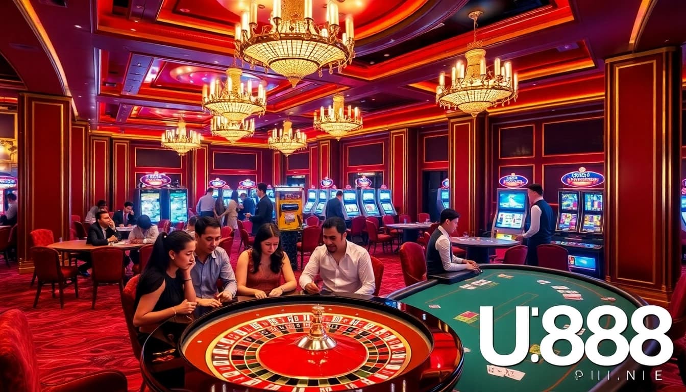 Players enjoying a thrilling game at U888 casino with vibrant slots and engaging dealers.