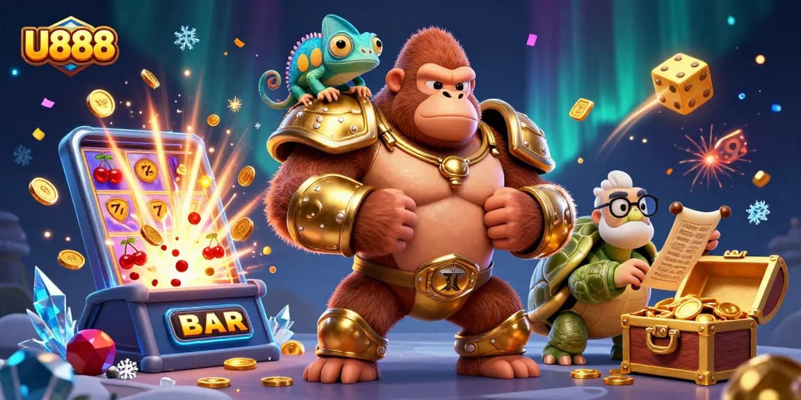 Play to win with U888 in a rich and vibrant casino illustration featuring dynamic characters.
