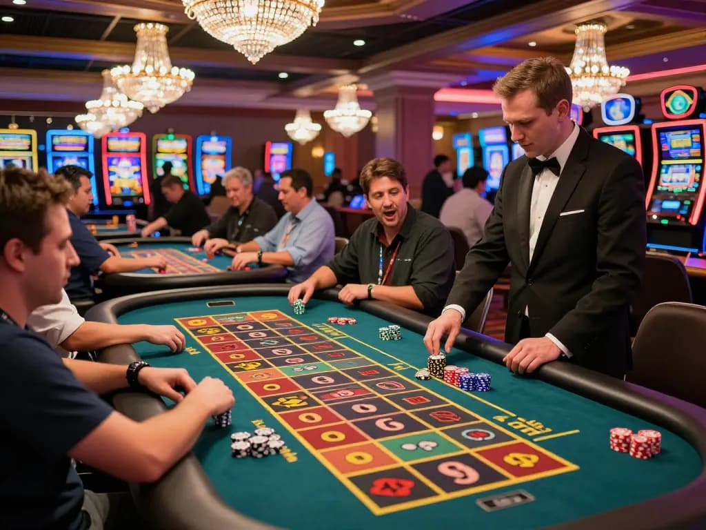 GA28 casino players engaging at roulette tables, vibrant atmosphere illuminated by chandeliers