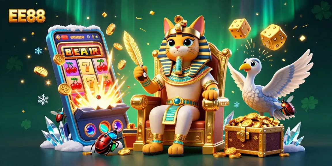 Engage with EE88's vibrant online casino scenes featuring Egyptian characters among slot machine jackpots and treasure