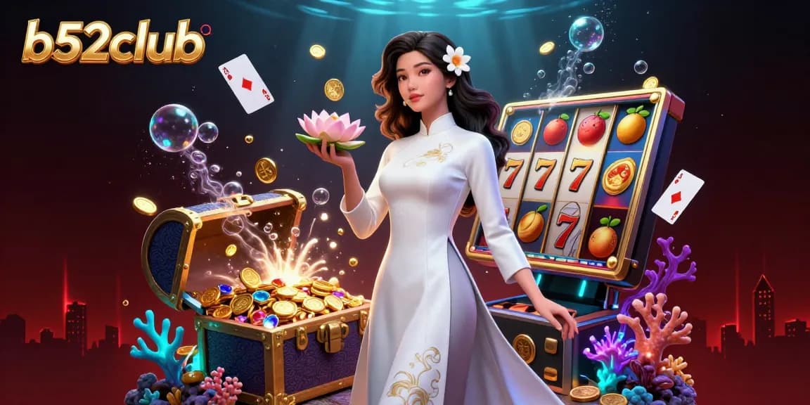 B52club players joyfully engage with colorful slot machines and casino games in a vibrant scene.