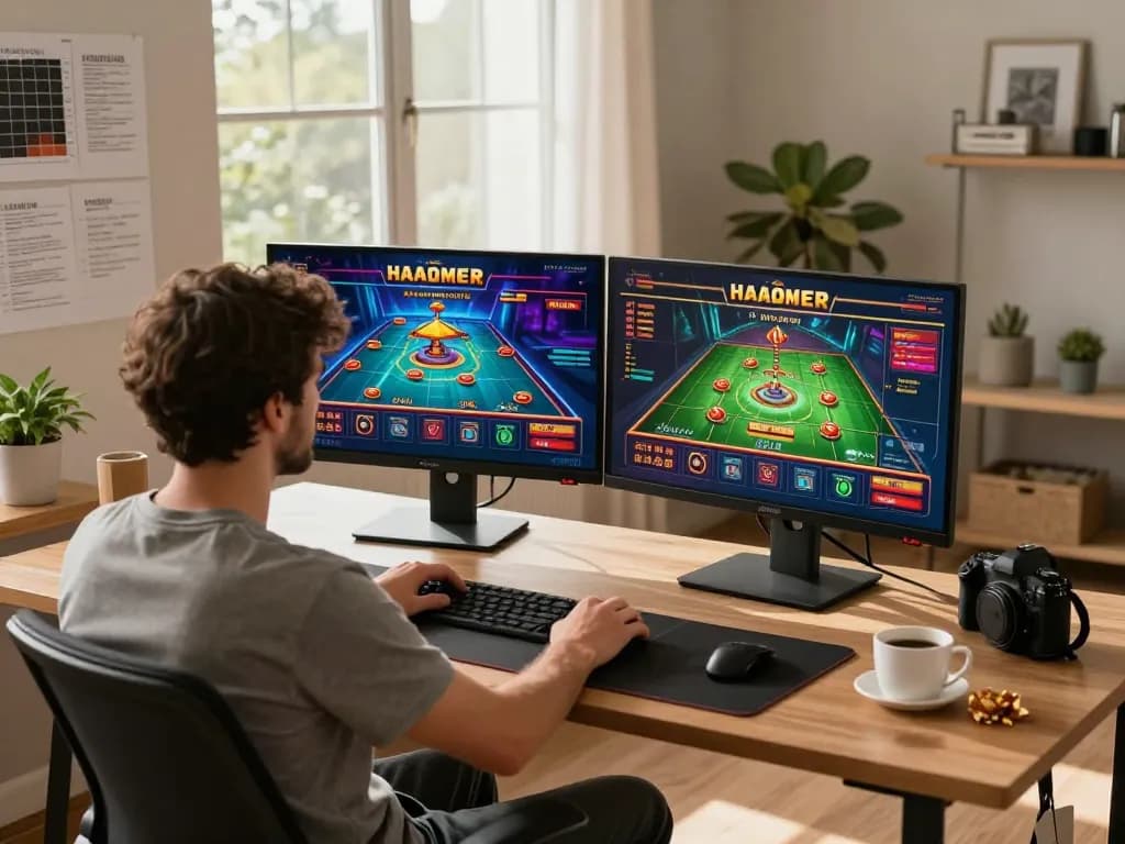 Player engaging in strategic online casino gaming using mb66 platform from a stylish home office setup.