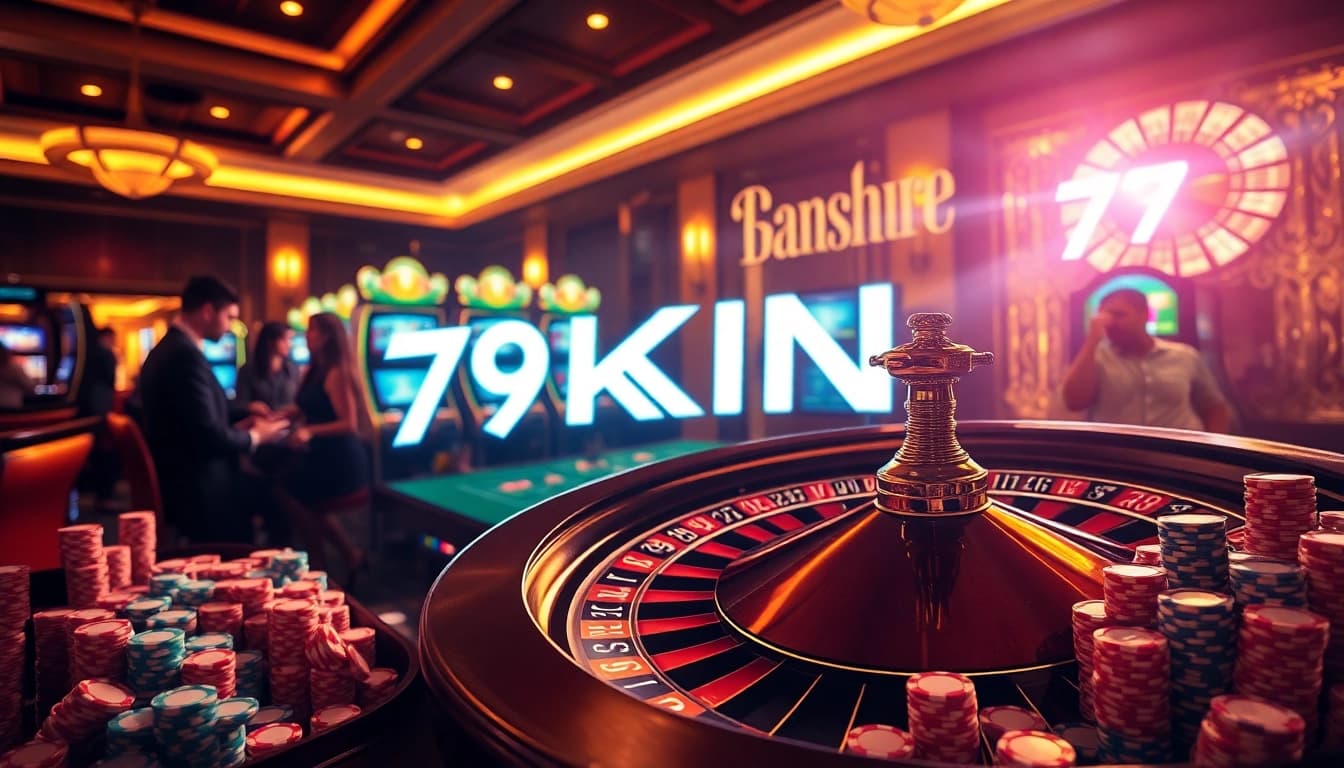 Experience the thrill of 79KING at a luxurious casino with spinning roulette and poker excitement.