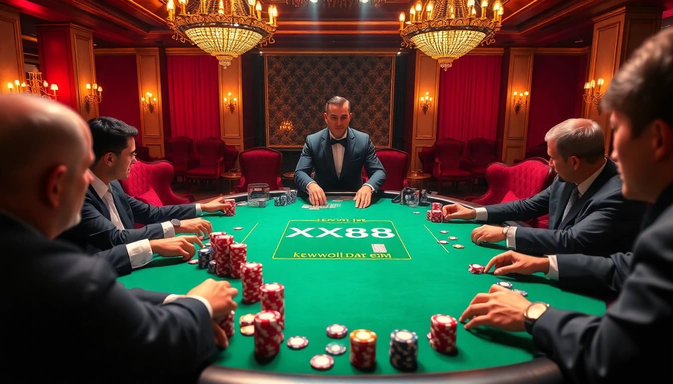 Experience the thrill of the casino with an exciting poker game at XX88, featuring luxurious decor and professional gameplay.