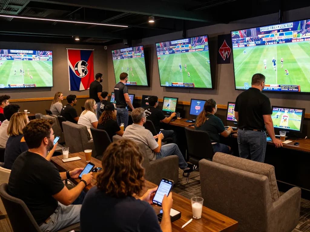 Betting action at https://go8.agency/, patrons placing live bets while enjoying sports in a vibrant lounge.