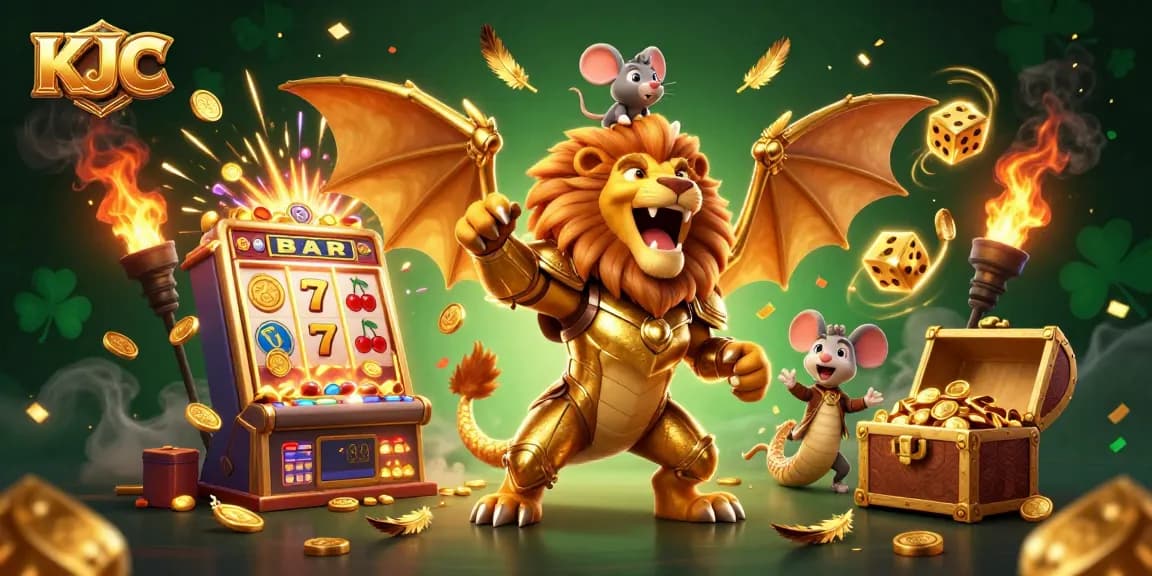 KJC players celebrate a jackpot win surrounded by vibrant casino games and golden treasures