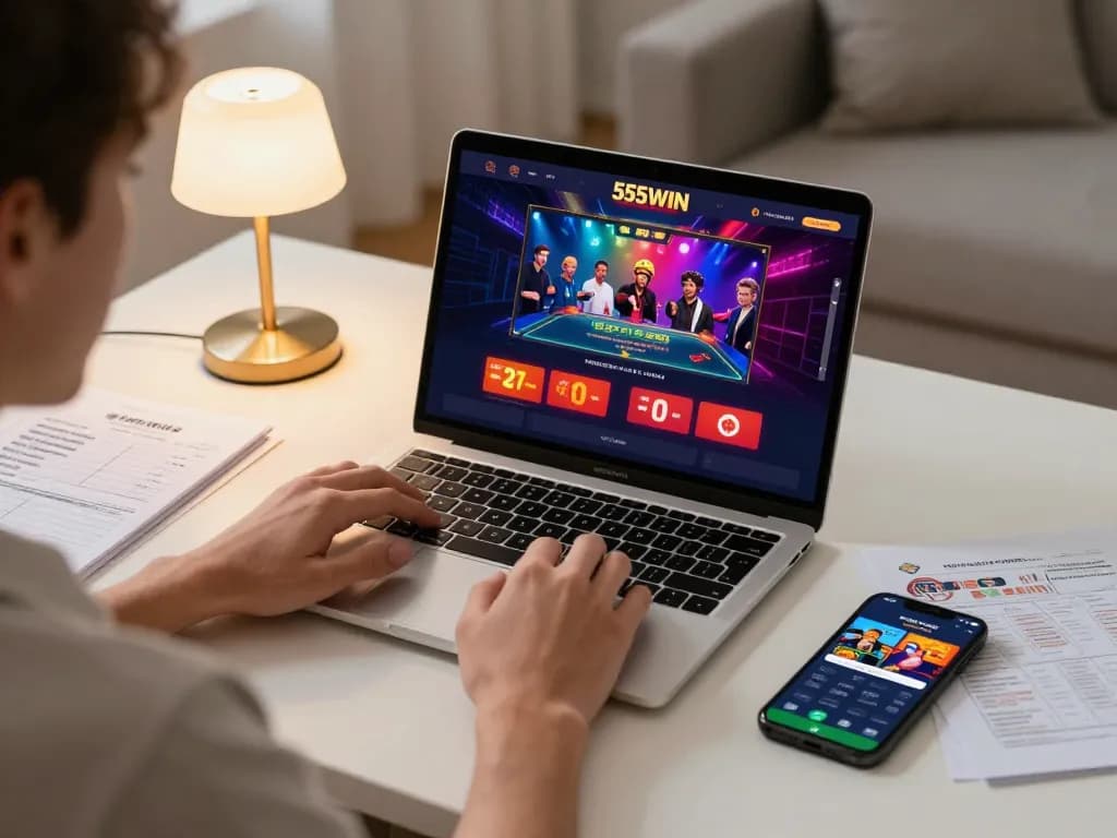 Player enjoying 555WIN gaming experience on a laptop, displaying vibrant casino graphics