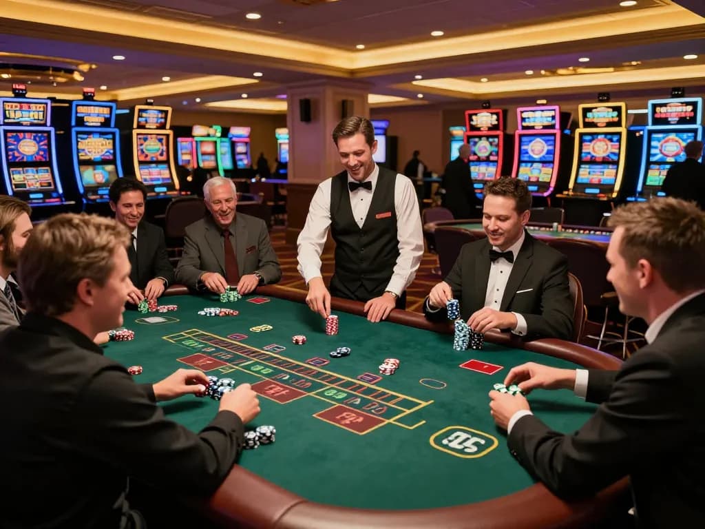 Players enjoy an engaging game of blackjack at go88's lively casino floor, showcasing excitement and camaraderie.