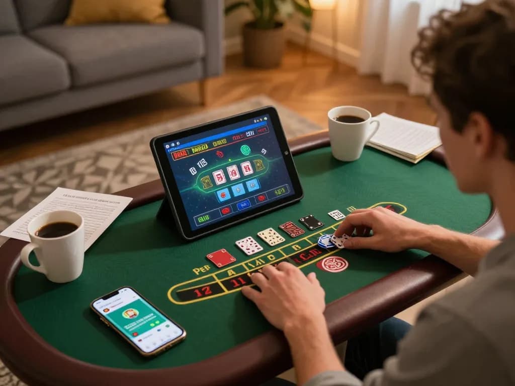 Engaged player using lv88 app on tablet for strategic blackjack gameplay at home.