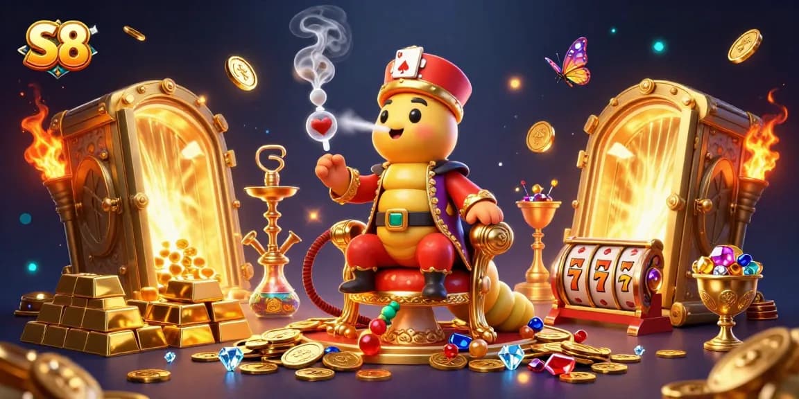S8 players enjoy thrilling gameplay at a vibrant casino scene filled with slot reels and riches.