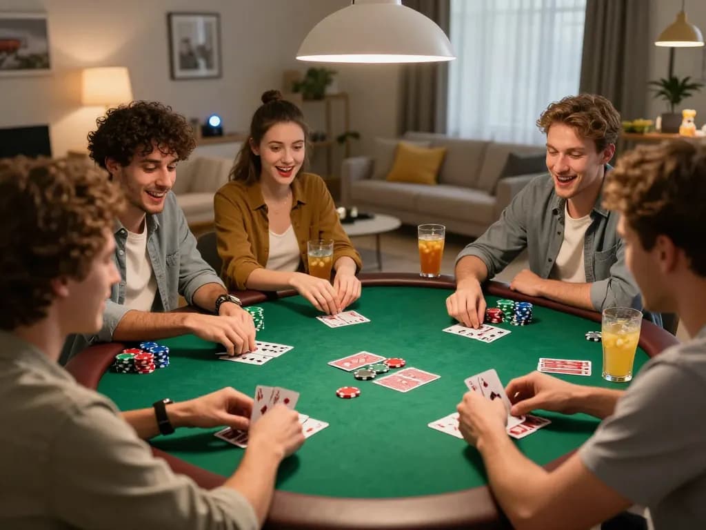 A thrilling poker night at home with friends enjoying Ace96au gaming excitement.