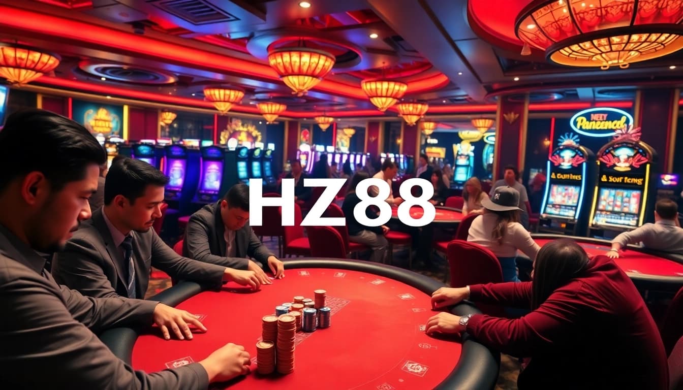 Experience high-stakes gaming at HZ88 with vibrant casino visuals, poker tables, and roulette excitement.
