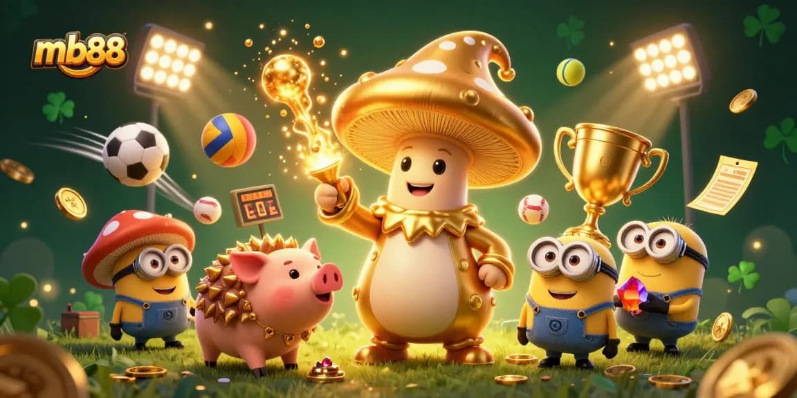 Experience the thrill of mb88 with a magical golden mushroom wizard and vibrant sports elements!
