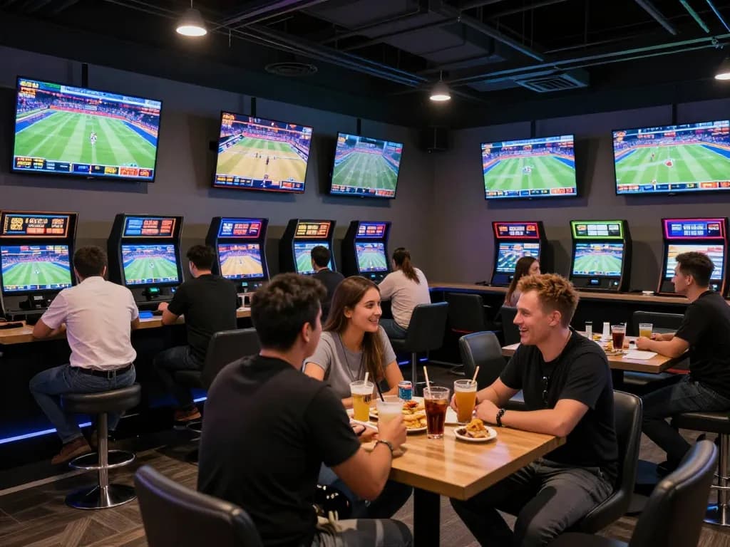 Tylekeo sports betting scene with excited bettors placing wagers on live games.
