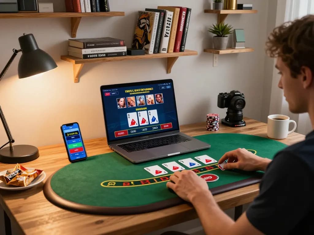 Engaged player using the okwin app on a laptop for live dealer blackjack casino game.