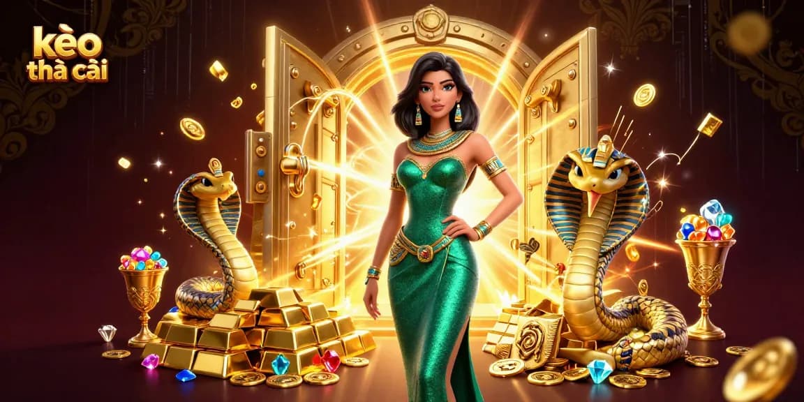 Experience the thrill of kèo nhà cái with a captivating 3D illustration featuring an emerald-clad woman and gold treasures.