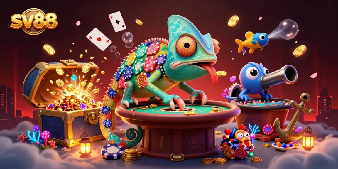 Play exciting casino games at sv88 with our lively chameleon dealer amidst gold coins and vibrant treasures.
