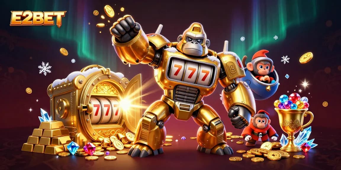 E2BET transforms the gambling experience with a vibrant golden gorilla mech bursting with treasures