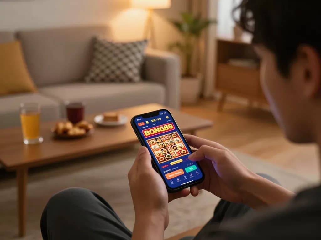 BONG88 mobile gaming with a player enjoying slot games in a cozy home setup
