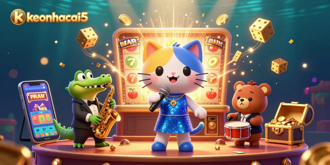 Experience thrilling gameplay at keonhacai5 with a vibrant slot machine scene featuring cartoon characters.