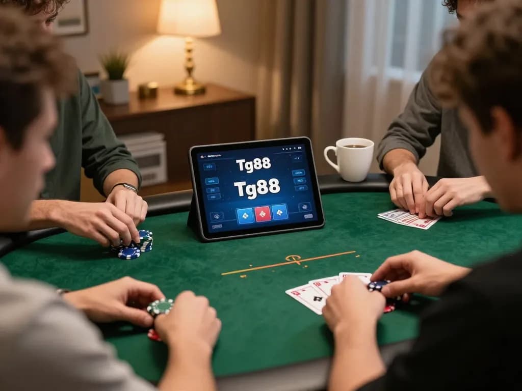 Players strategizing in a Tg88 online poker game on a cozy home setup.