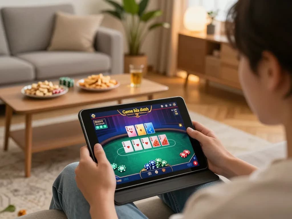 Playing Game bài đổi thưởng on tablet at home, showcasing unique interface and cozy setup.