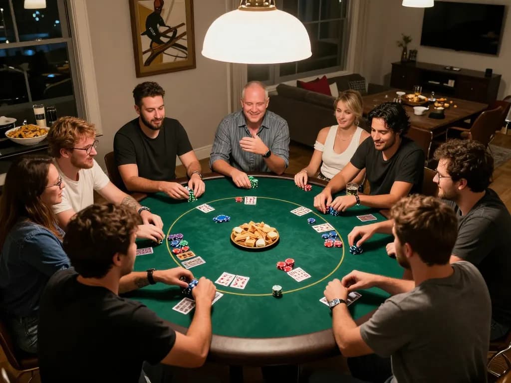 Players enjoy a thrilling poker game at home, fostering excitement and camaraderie while playing ALO8.