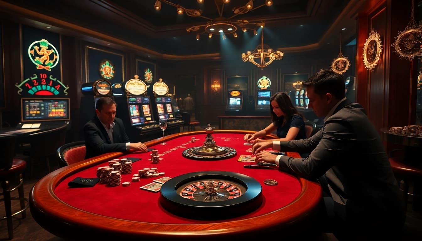 Players immersed in a luxury casino table setting, exploring the hidden wiki dark web of gambling.
