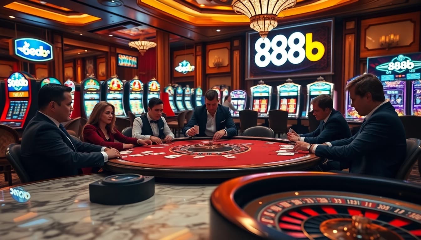 Experience the thrill of gambling with a vibrant 888b casino scene featuring poker, slots, and roulette.