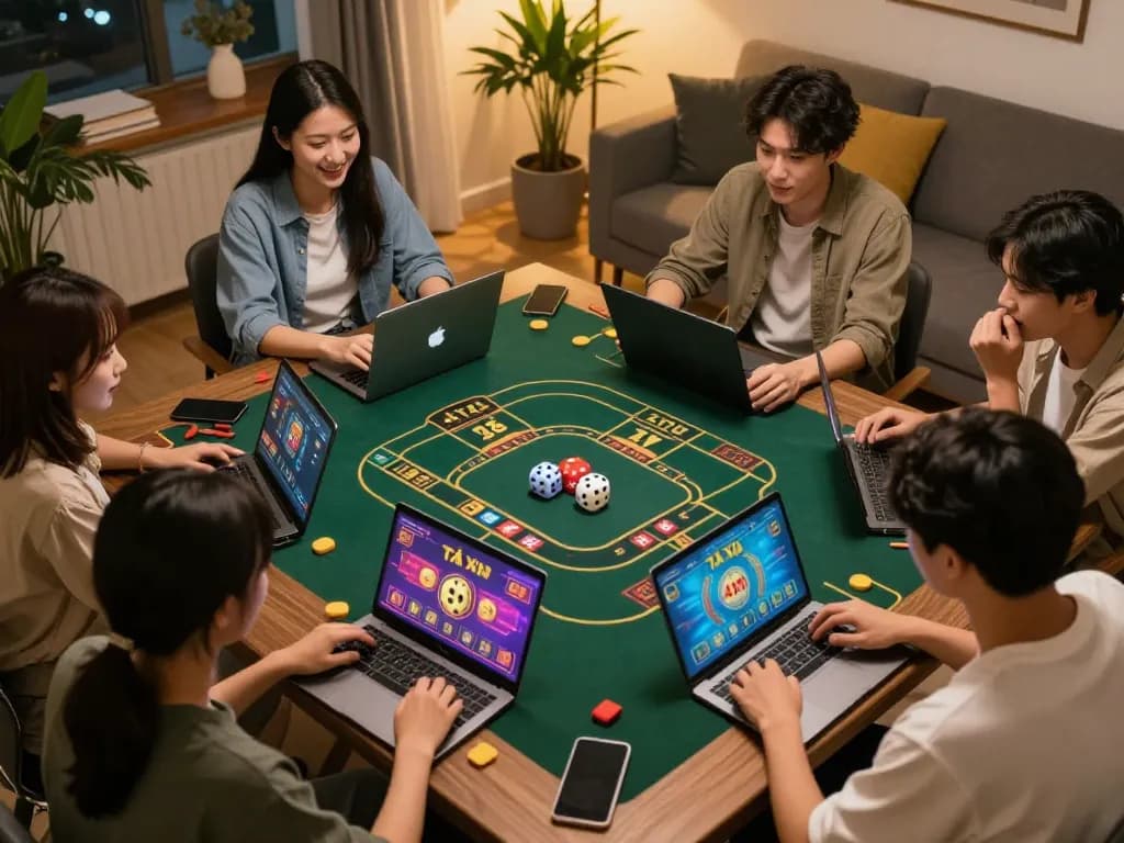 Tài Xỉu online game session with players actively engaged on laptops and tablets in cozy home setting.