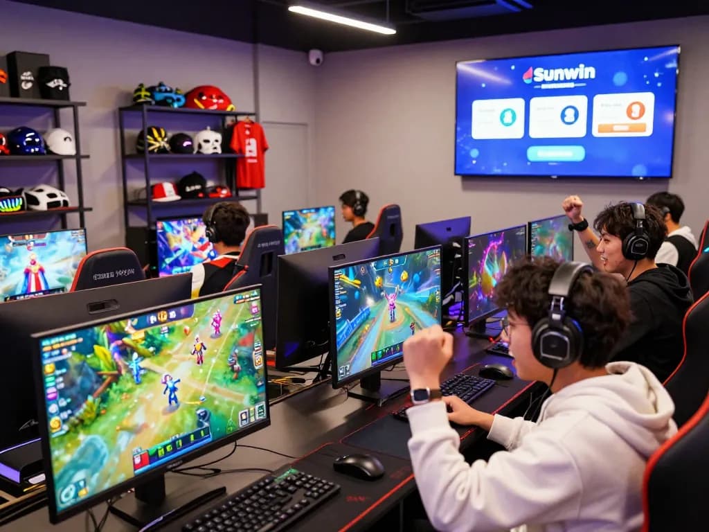 Exciting Sunwin gaming scene showcasing joyful players celebrating victories in a lively lounge.