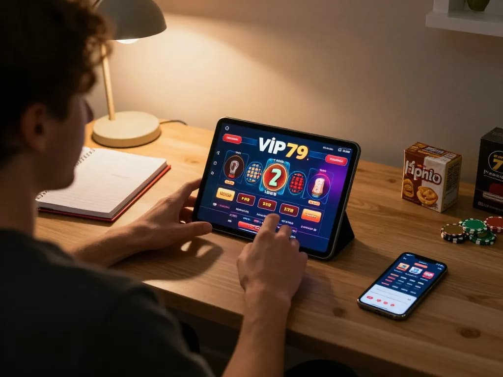 Player engaging in vip79 online gaming on a tablet, showcasing interactive betting interface and cozy workspace