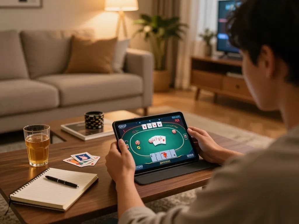 Bắn cá đổi thưởng gameplay on tablet in a cozy home setting, highlighting strategic online gambling.