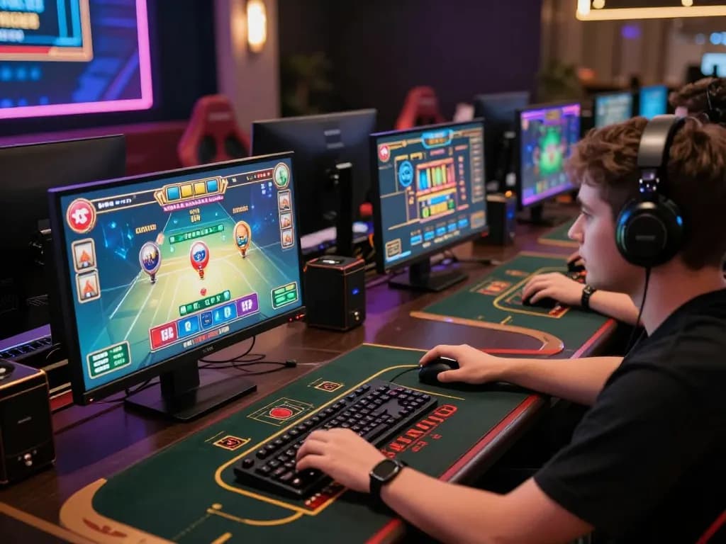 Five88 player engaging intensely with live dealer game on multiple screens, highlighting strategic online casino experience.