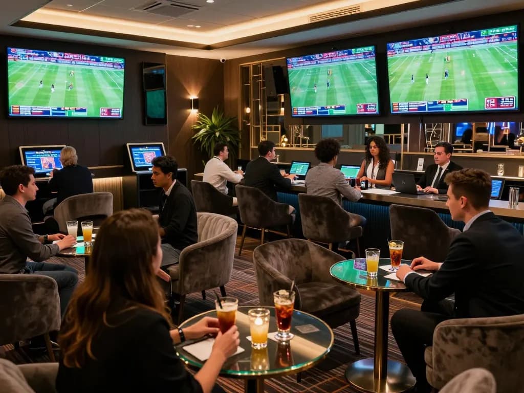 Kèo nhà cái update showing high-stakes betting strategies in a luxury sports lounge.