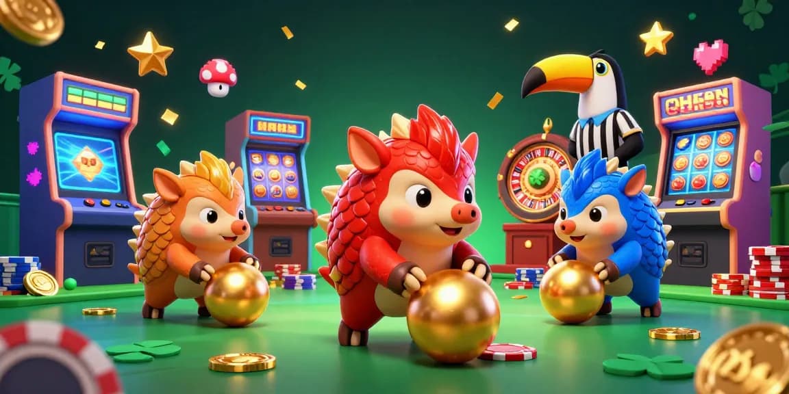 KJC gaming scene with rival pangolins rolling poker chips and slot machines in the background.
