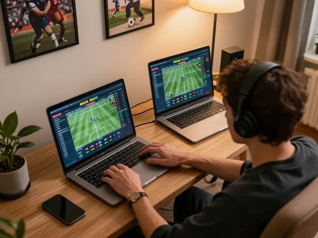 Engaged betting on vsbet app with live sports streaming in modern home office