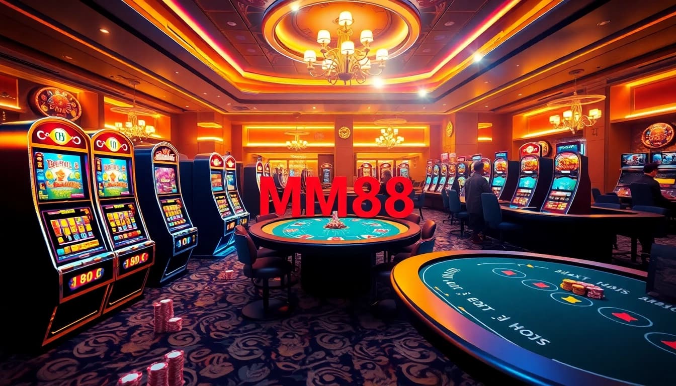 Engage with the vibrant online casino world at https://mm88.center/, showing colorful slot machines and poker chips in action.